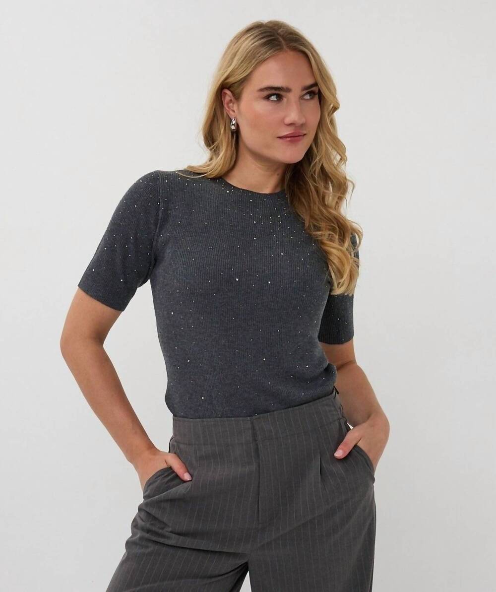 NEW ESQUALO tessina rib short sleeve studs top in dark grey melange